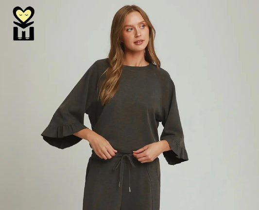 Charcoal Round Neck Ruffle Sleeve Top