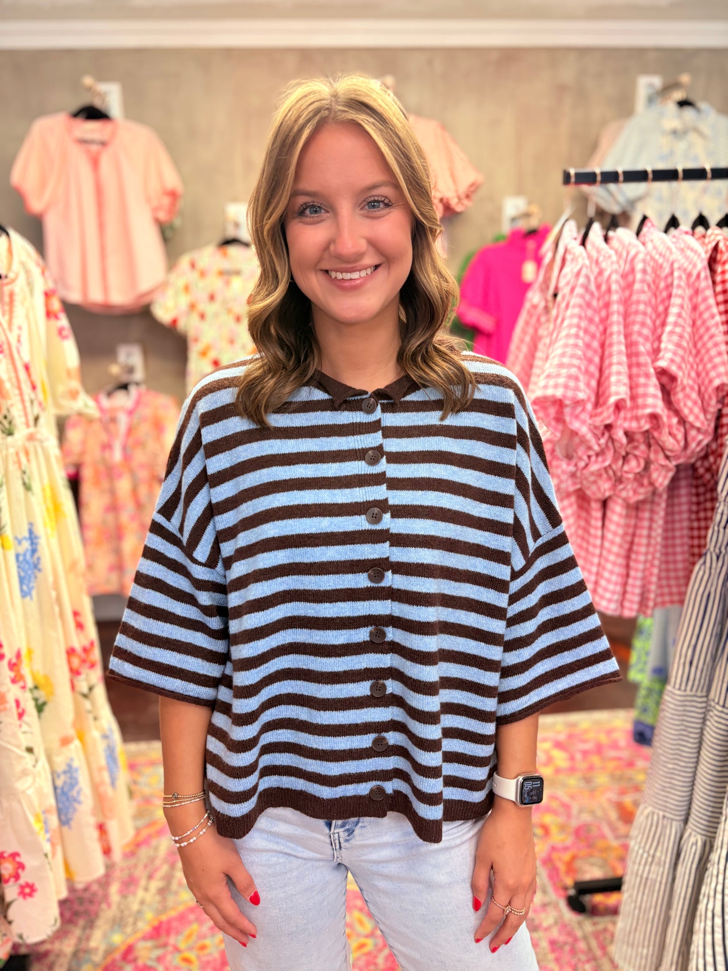 Stripe Raw Edge Short Sleeve Top