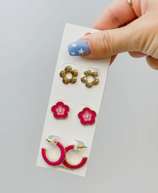 Simple Enamel Flower Earrings Set