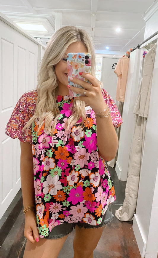 Pink Floral Bubble Sleeve Blouse