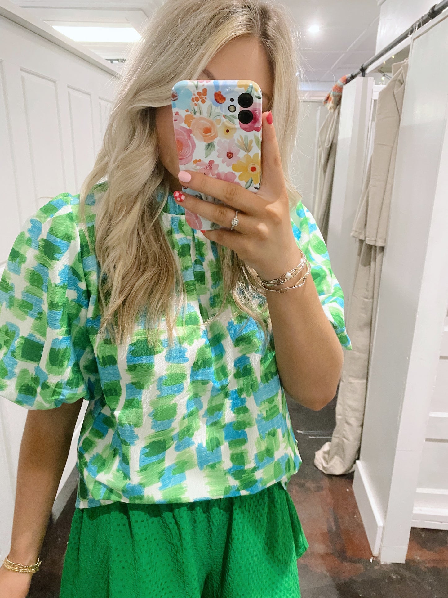 Green Abstract Print Button Back Top