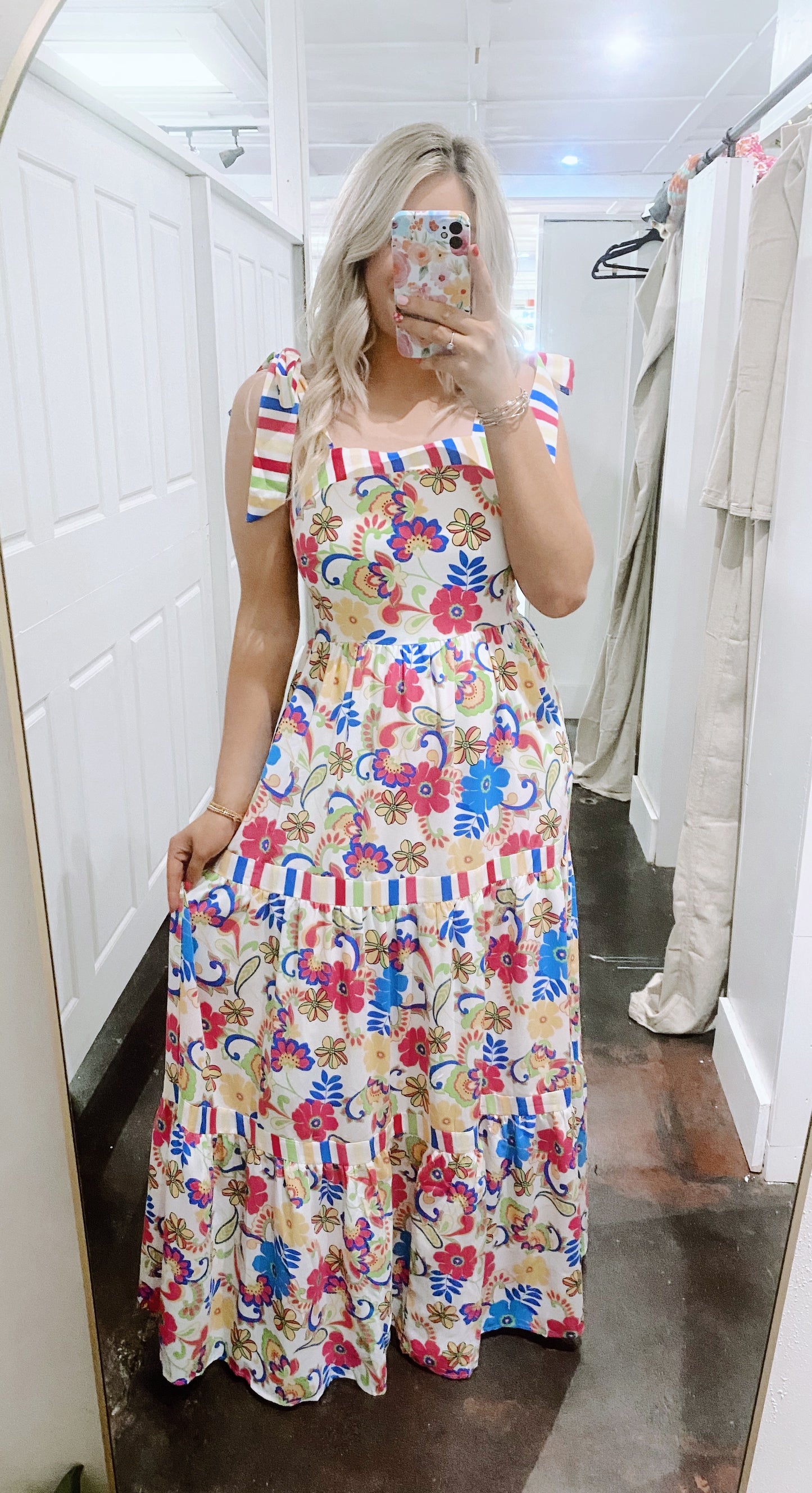 Multi-Color Floral Maxi Dress With Self-Tie Sleeves