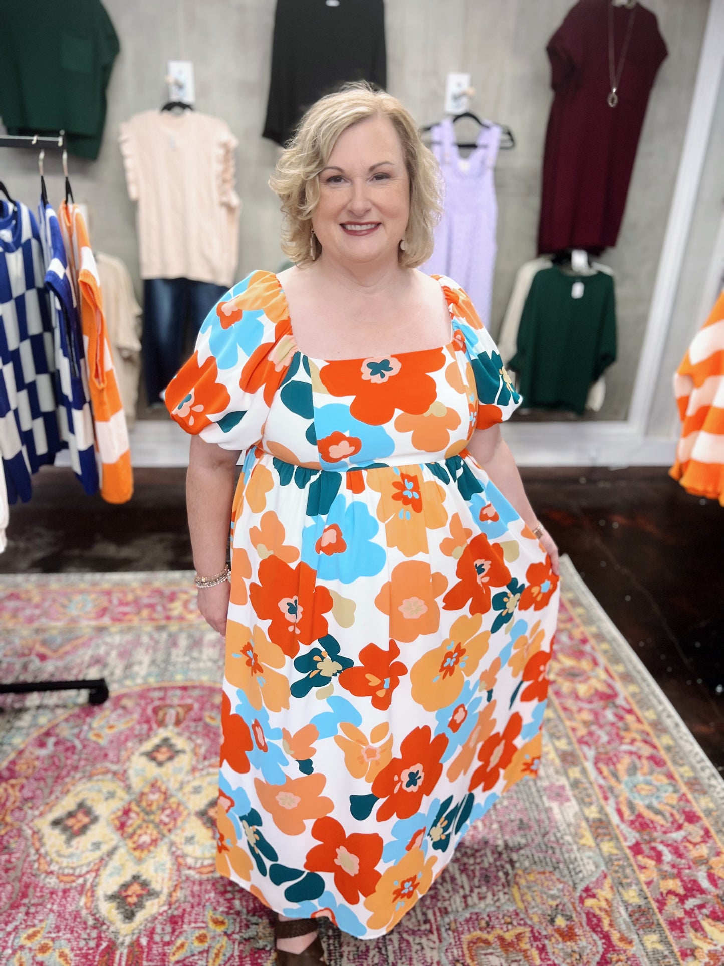 Orange Plus Size Flower Print Shirred Square Neck Maxi Dress