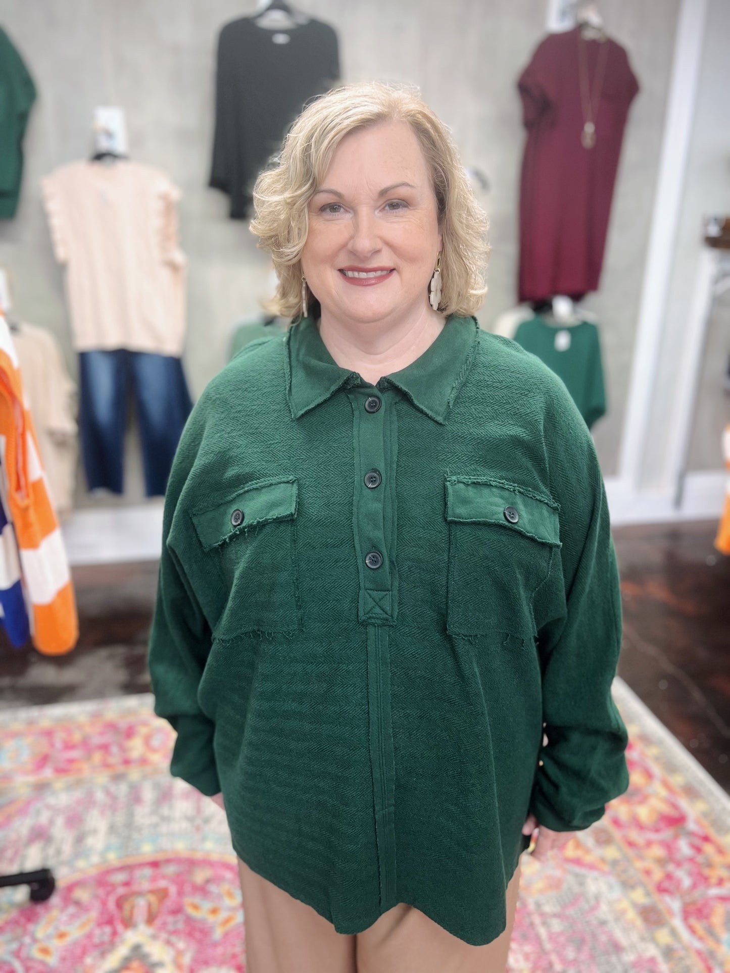 Green Plus Size Long Sleeve Flap Pocket Henley Top