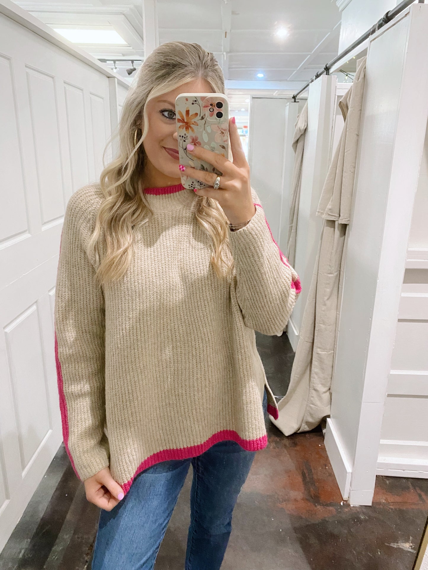 Long Sleeve Taupe and Hot Pink Sweater