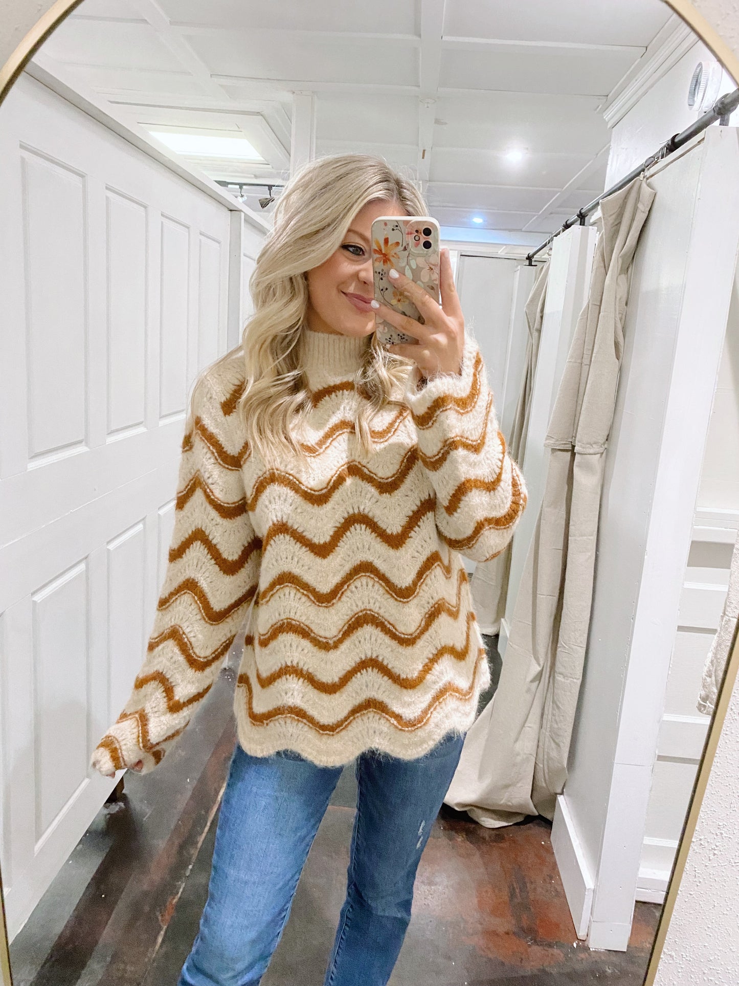 Cream and Brown Wavy Striped Sweater