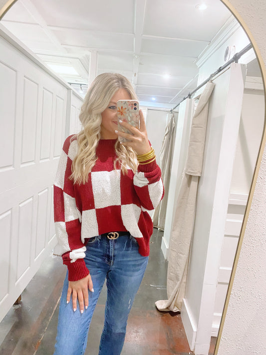 Burgundy and White Checker Sweater Top