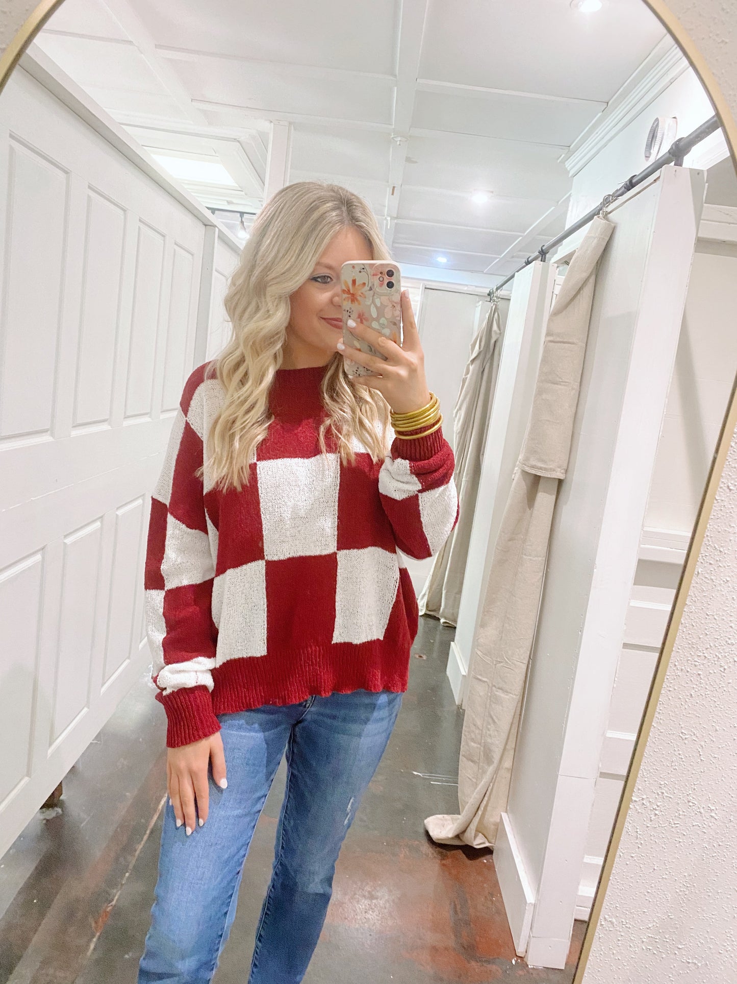 Burgundy and White Checker Sweater Top