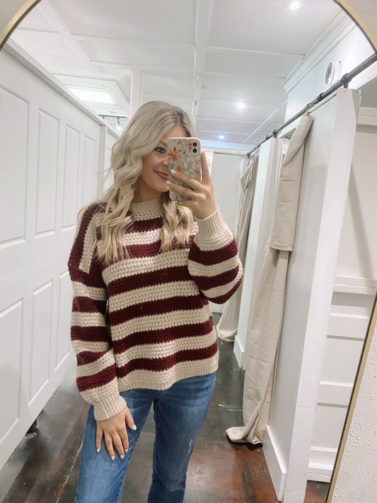 White and Burgundy Striped Sweater