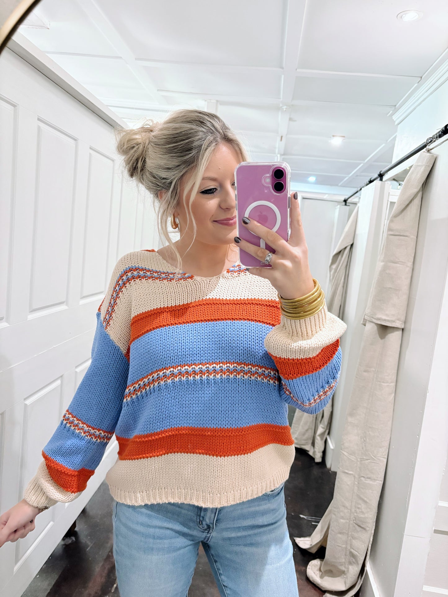 Orange and Blue Striped Knit Sweater