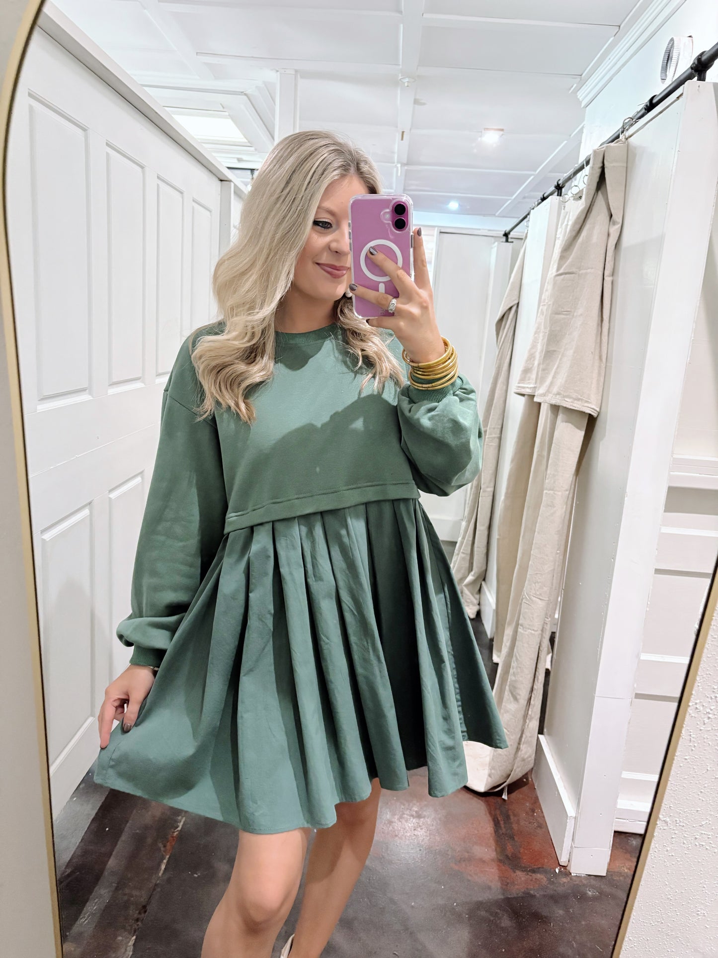 Cactus Green French Terry Pleated Dress