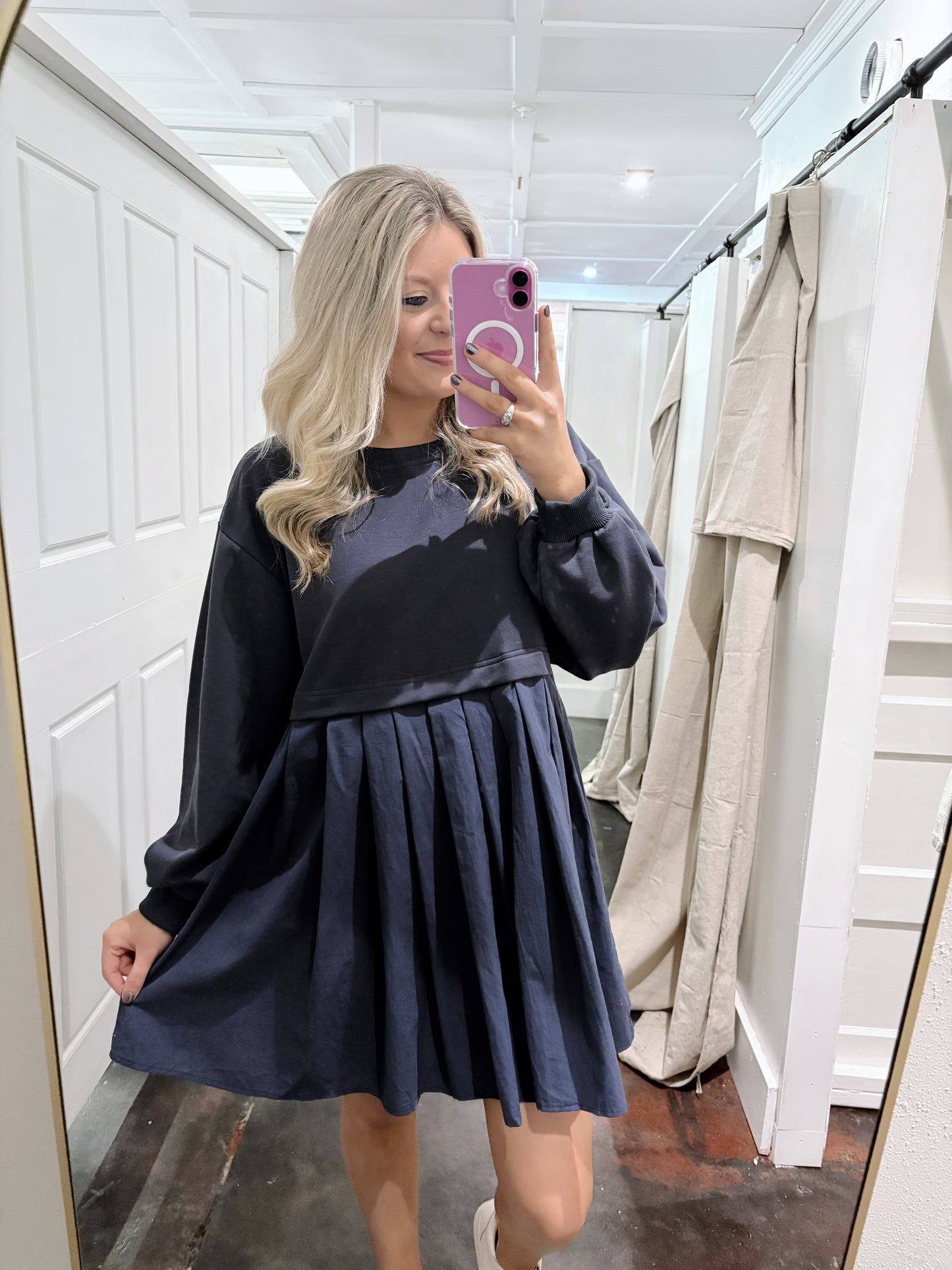 Navy French Terry Pleated Dress