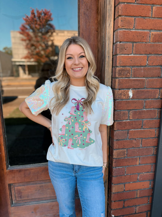 White Sequin Christmas Tree Tee