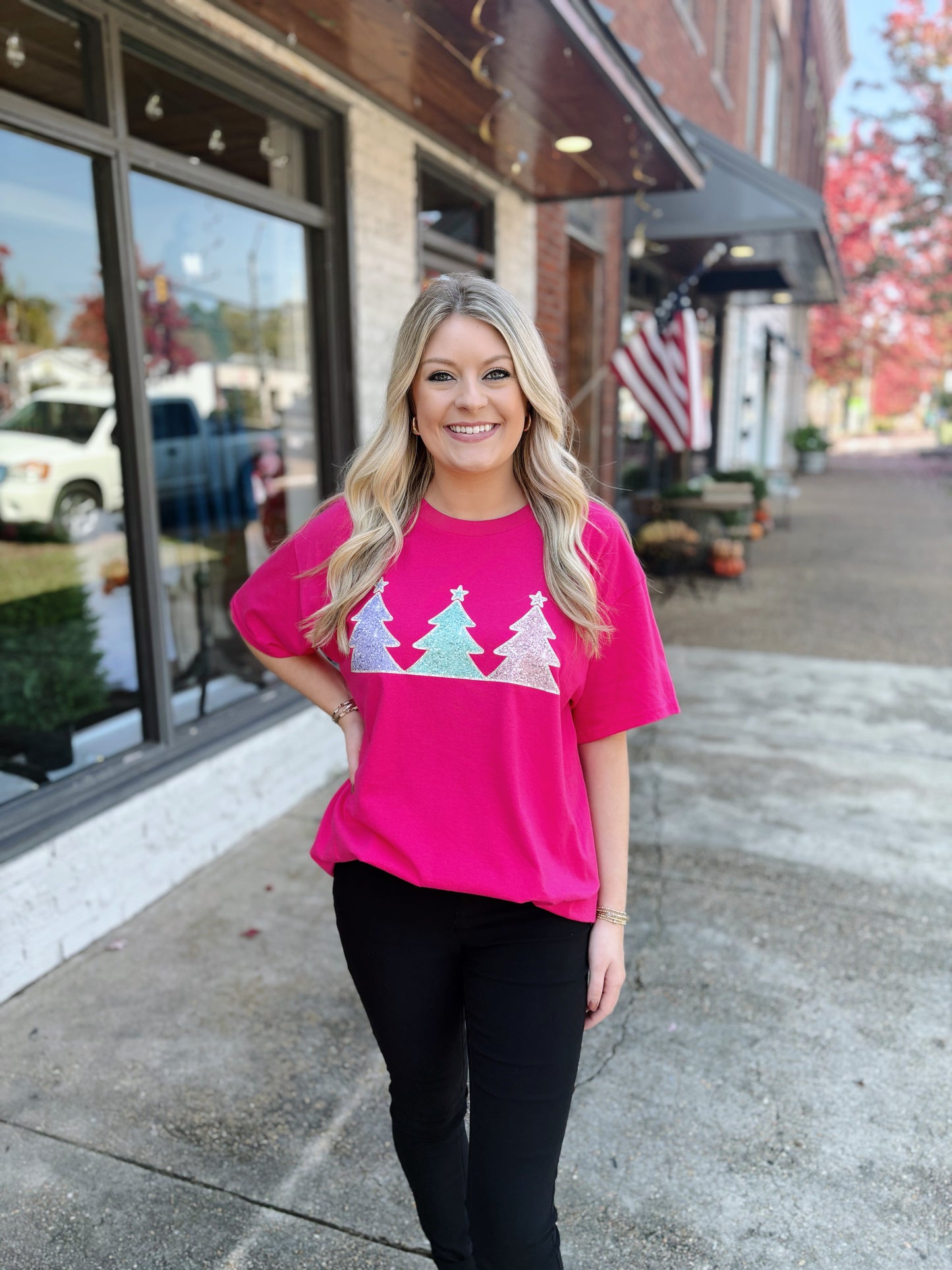 Hot Pink Glitter Christmas Tree Tee