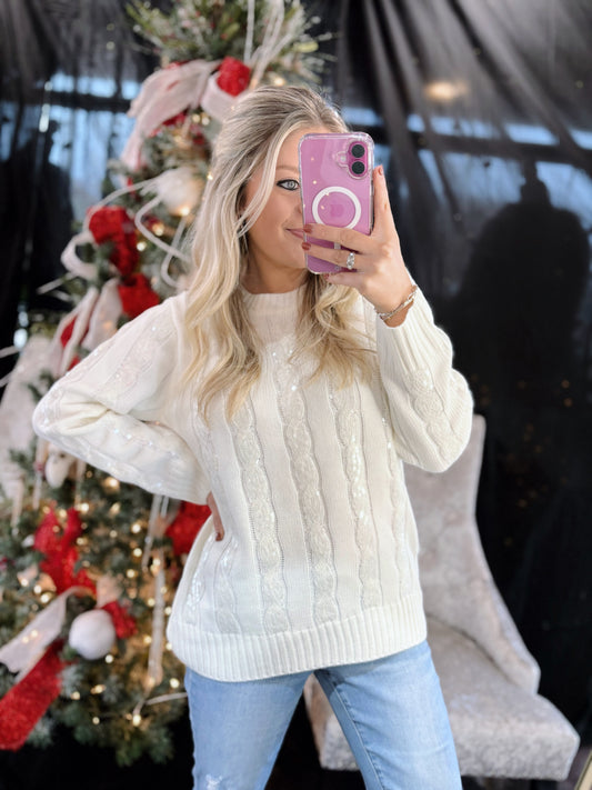 White Sequin Cable Knit Sweater