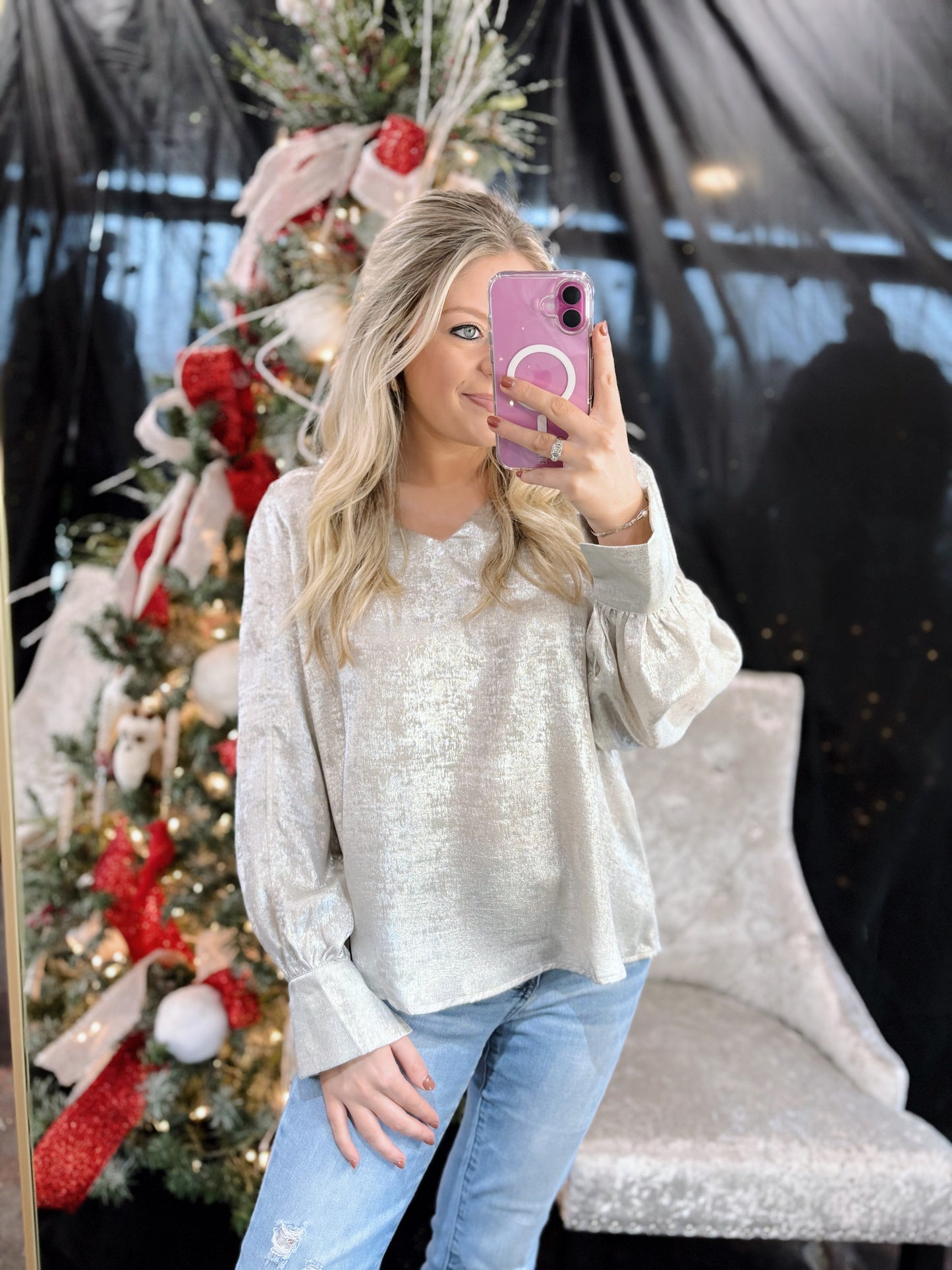 Pearl Metallic Puffed Long Sleeve Top