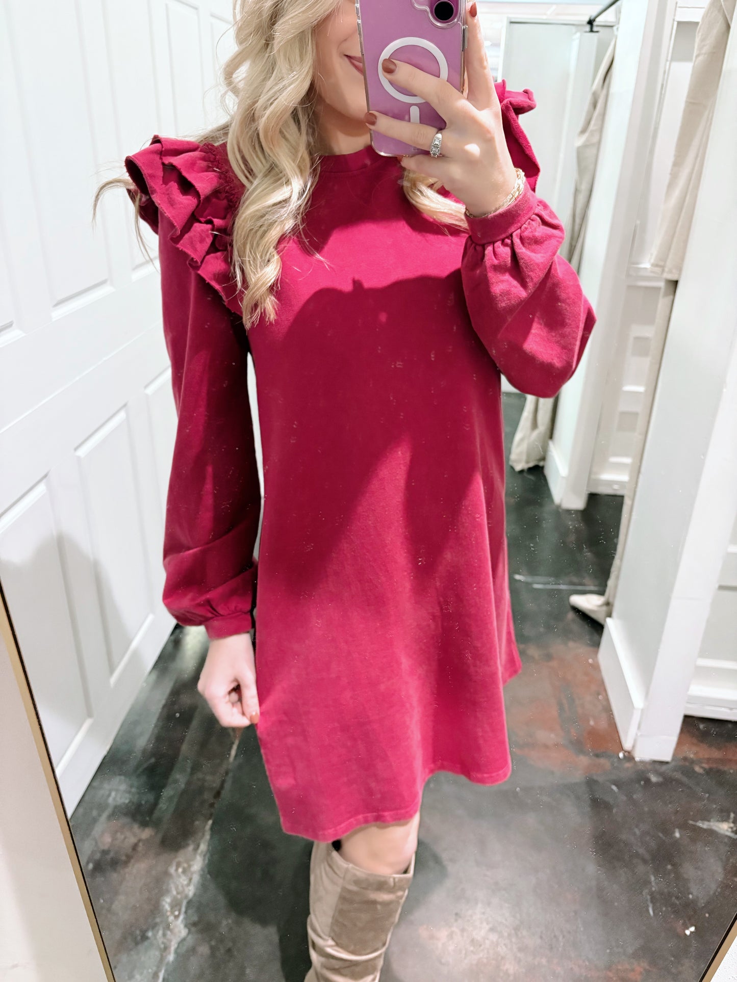 Magenta Solid Cotton Dress with Pockets