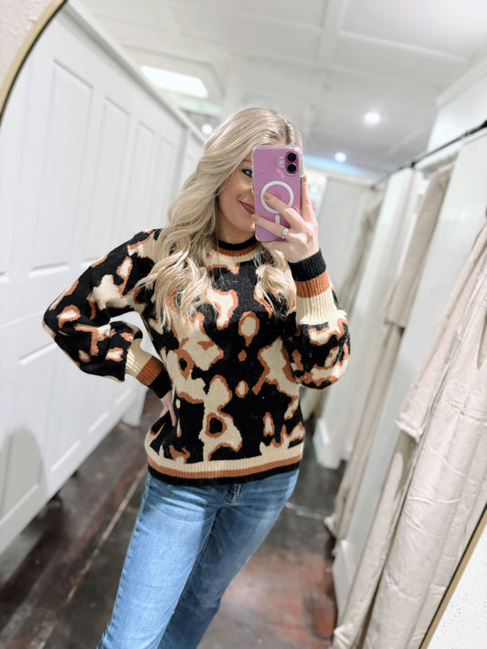 Brown and Black Print Knit Pullover Sweater Top