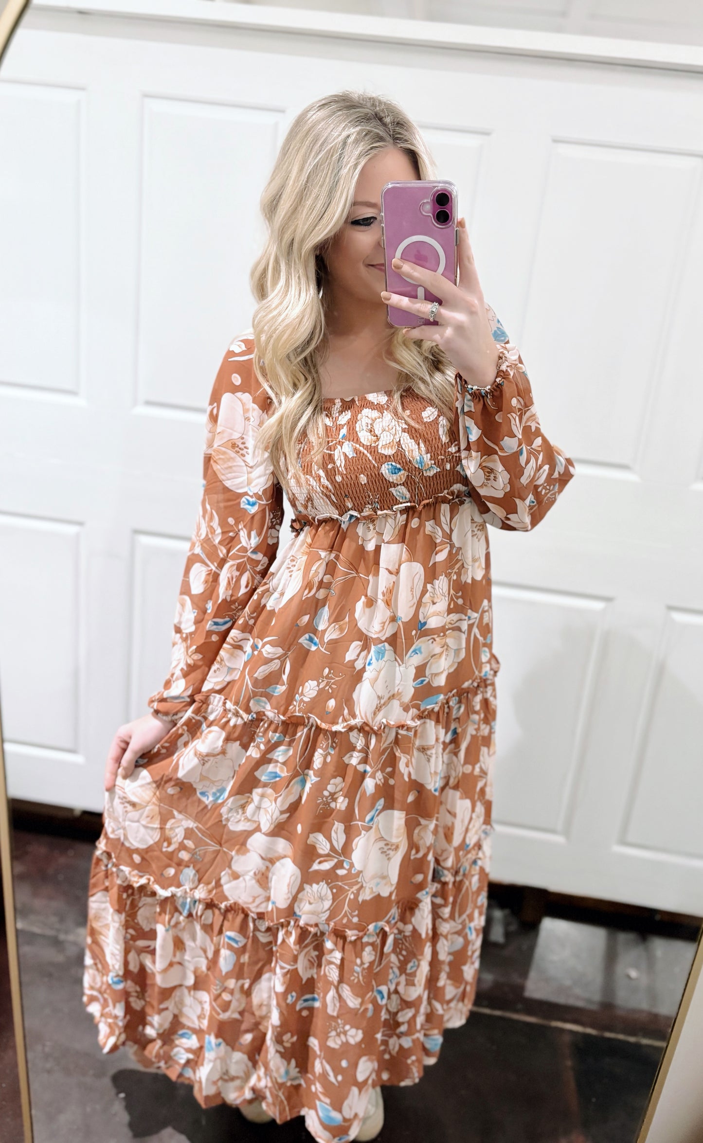 Floral Print Shirred High Waist Maxi Dress