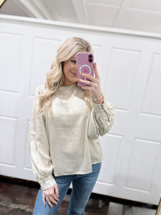 Champagne Metallic Balloon Sleeve Blouse