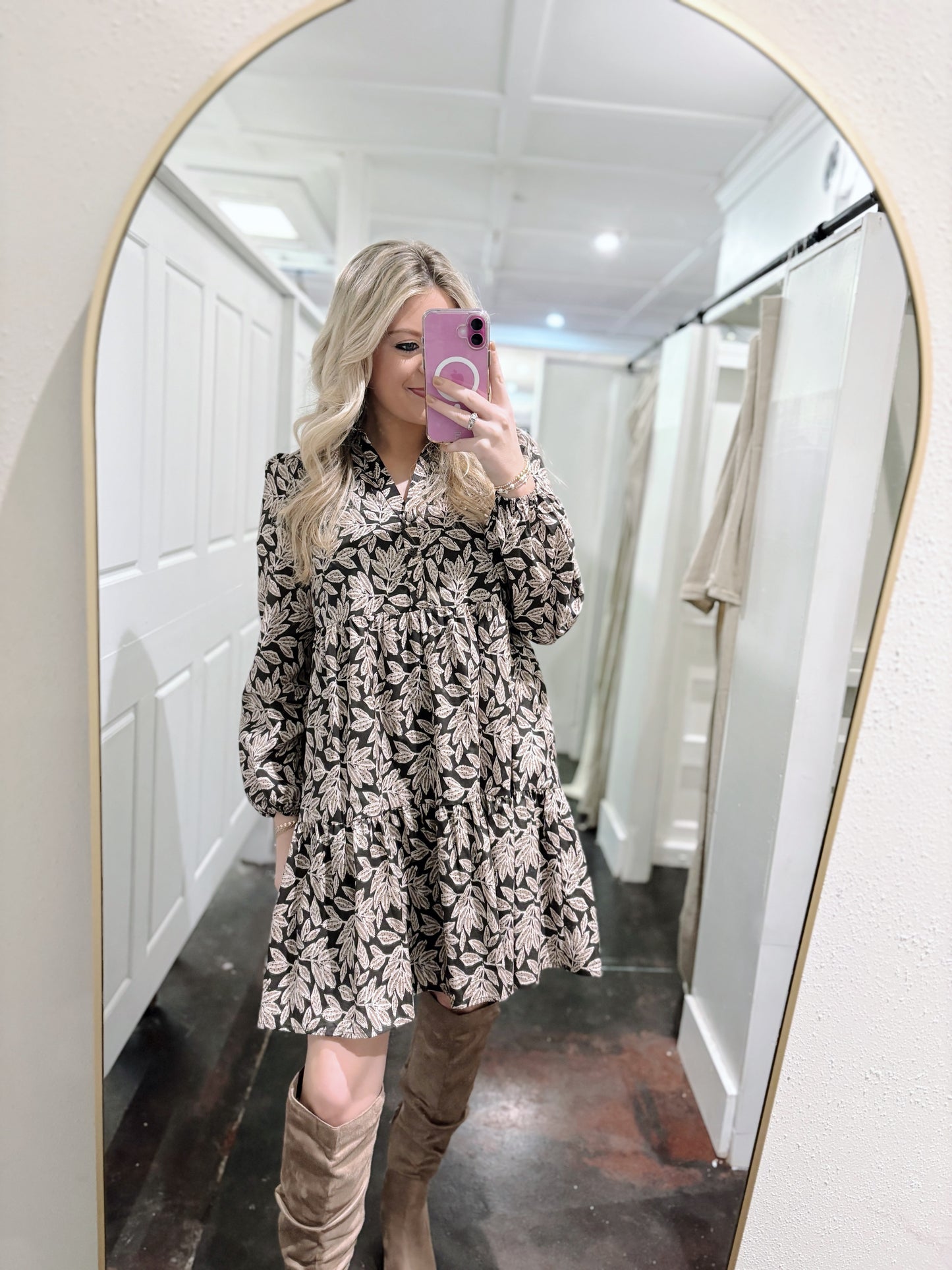 Leaf Print Half-Button Down Dress