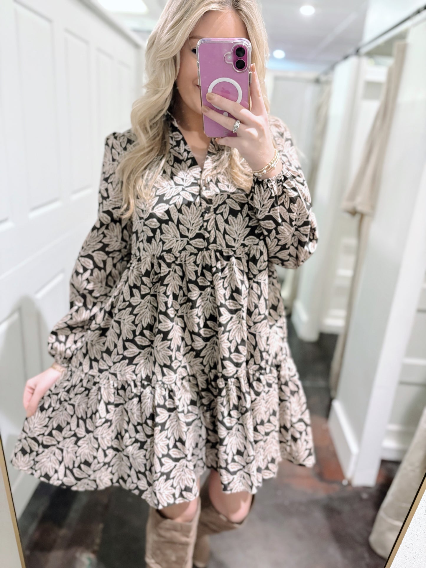 Leaf Print Half-Button Down Dress