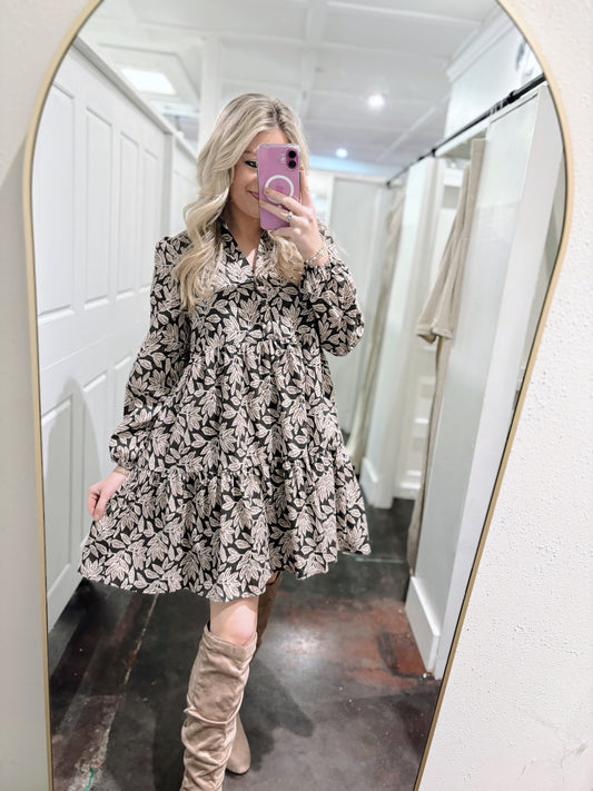 Leaf Print Half-Button Down Dress