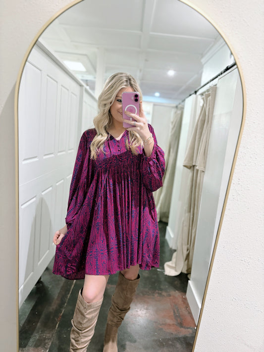 Pink and Purple Print Tie Neck Dress