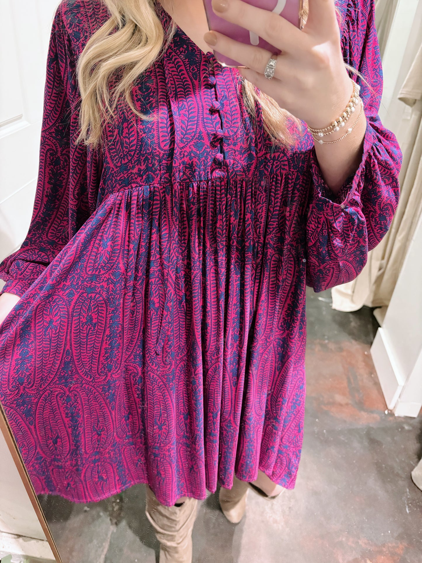 Pink and Purple Print Tie Neck Dress