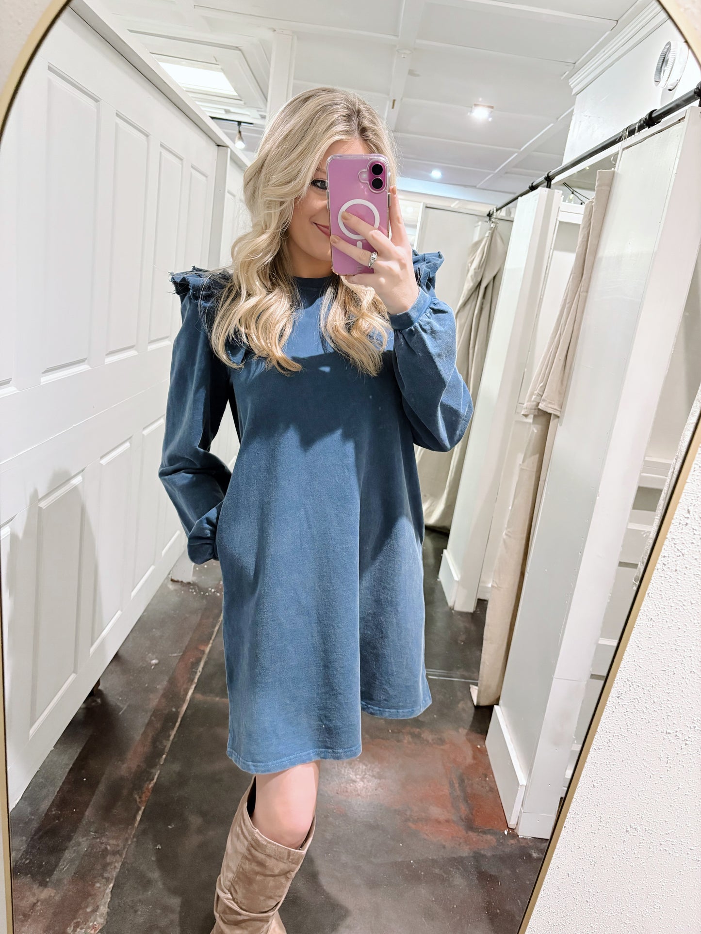 Teal Solid Cotton Dress with Pockets