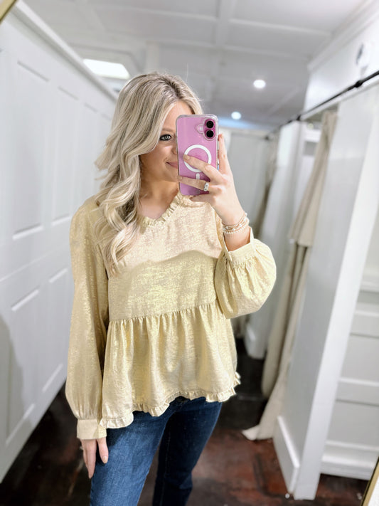 Gold Metallic Frilled V Neck Blouse