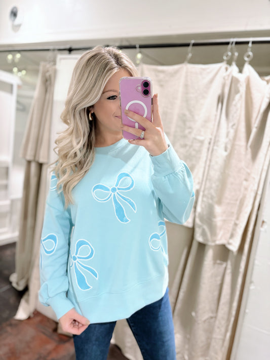 Blue Sequined Bow Sweatshirt