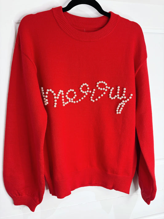 Red Pearl Beaded Merry Sweater