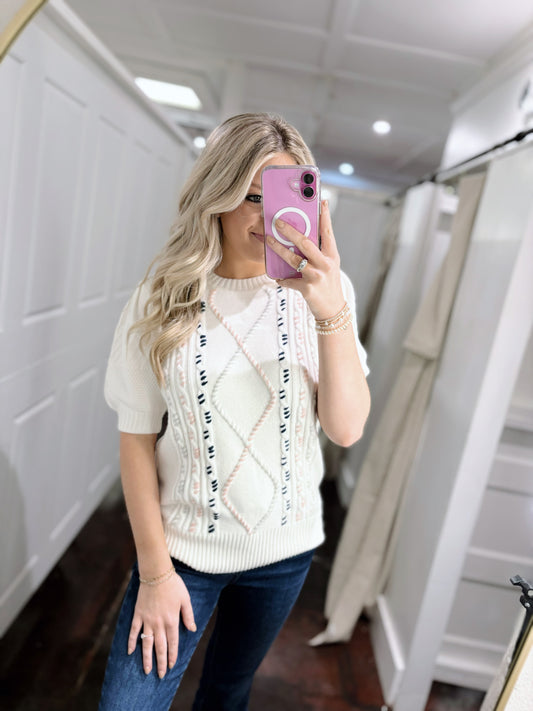 White Multicolor Stitch Detail Top