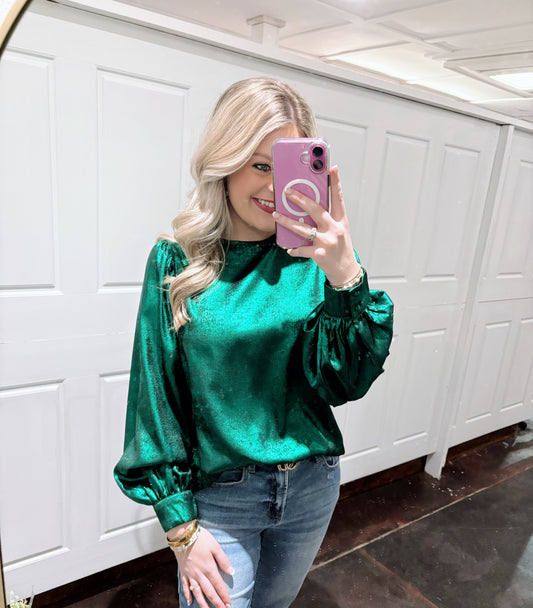 Green Metallic Bubble Sleeve Blouse