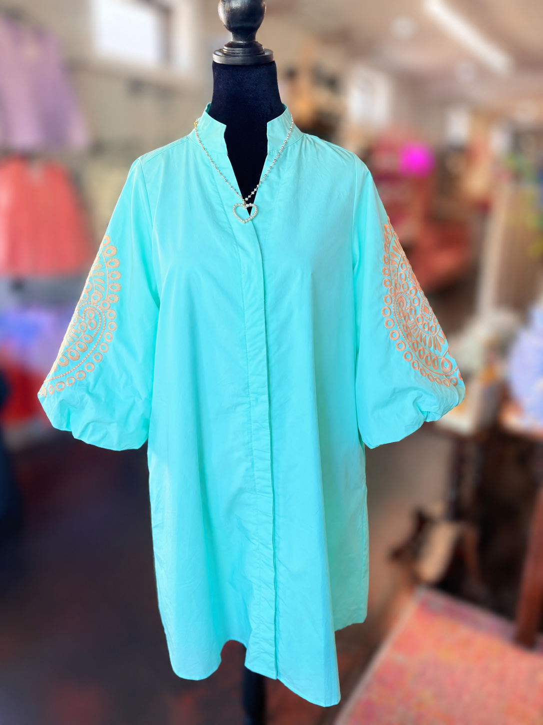 Embroidered 3/4 Length Balloon Sleeve Dress