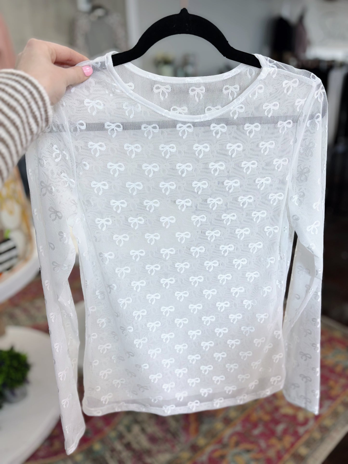 White Mesh Bow Pattern Long Sleeve Layering Top