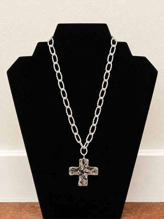 Silver Hammered Cross Necklace