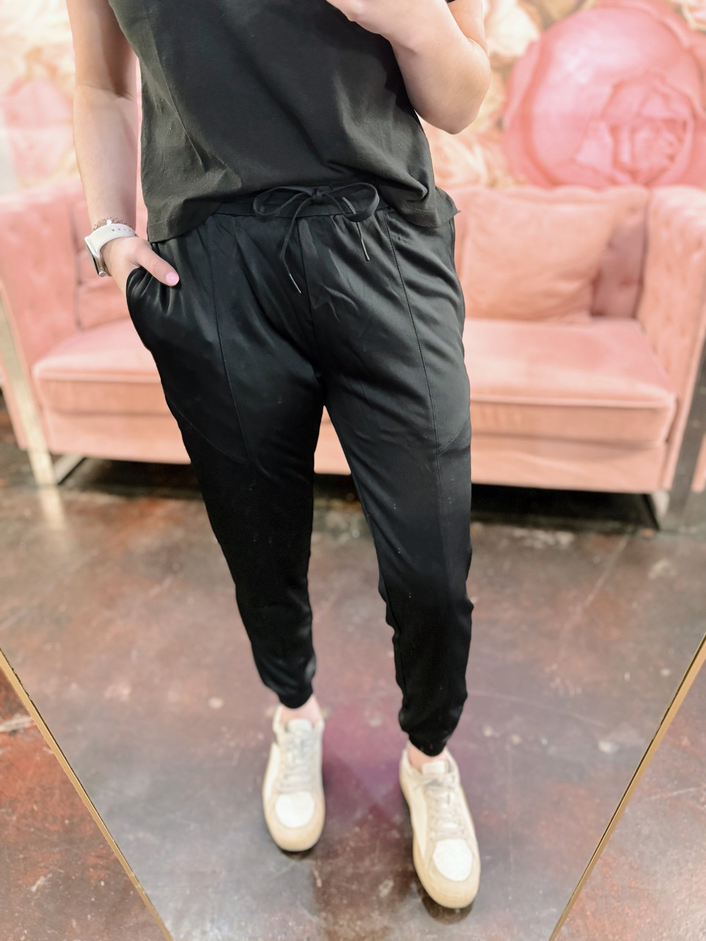 Black Cuffed Joggers with Zippered Pockets