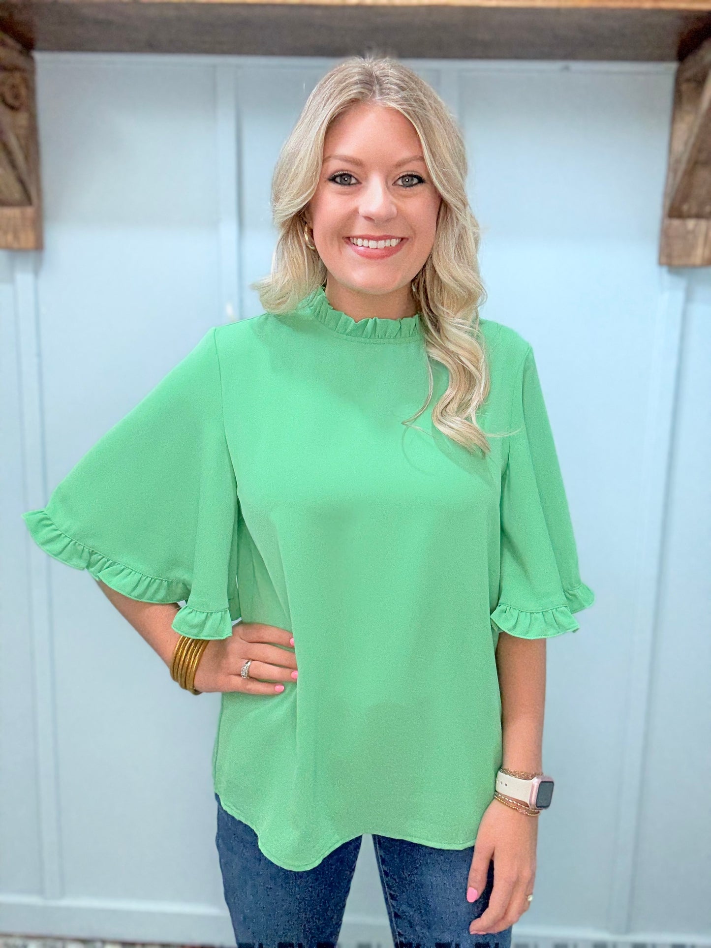 Green Frilly Round Neck Wide Half Sleeve Blouse