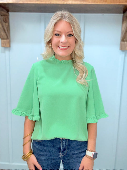 Green Frilly Round Neck Wide Half Sleeve Blouse