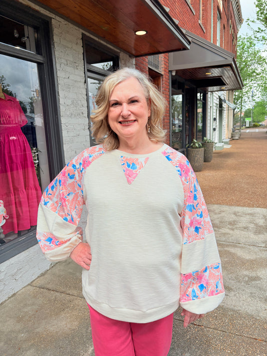 Plus Floral Ribbed Puff Sleeve Top