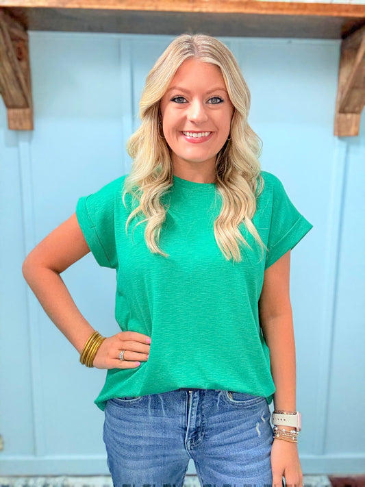 Kelly Green Cotton Rolled Sleeve Top