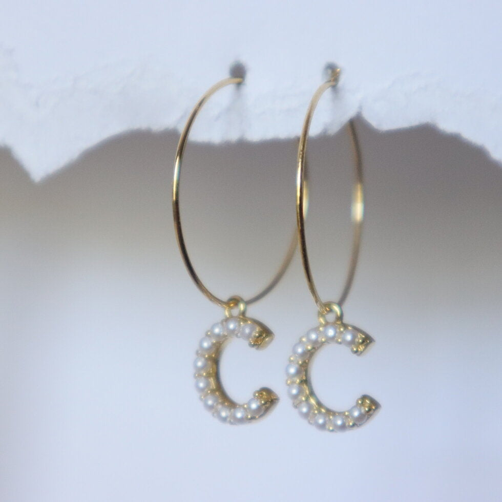 Pearl Covered Letters on Gold Hoops
