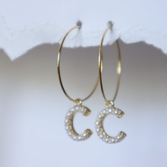 Pearl Covered Letters on Gold Hoops