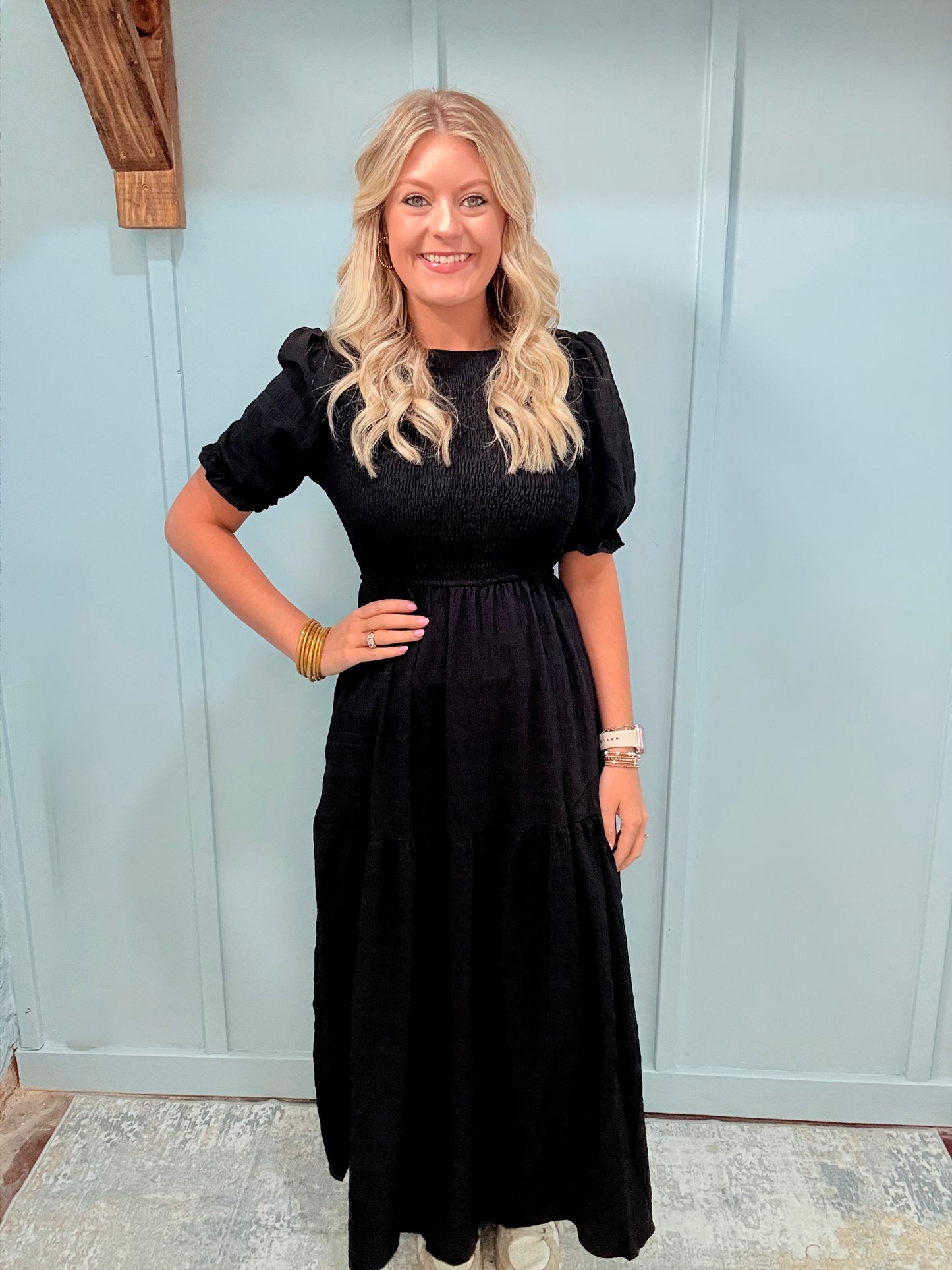 Pleated Black Tiered Solid Dress