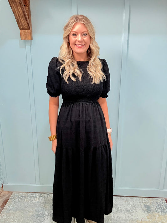 Pleated Black Tiered Solid Dress