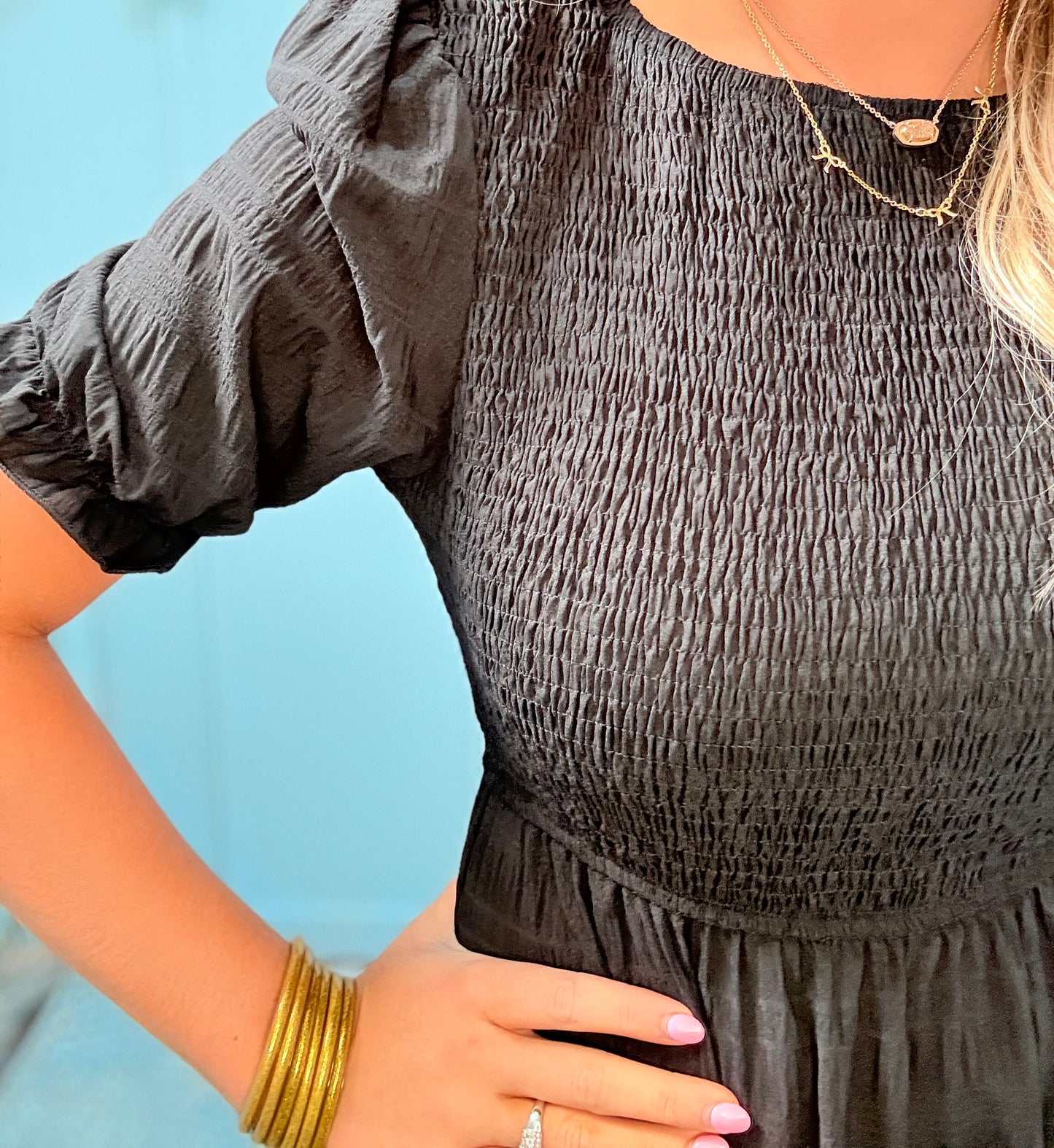 Pleated Black Tiered Solid Dress