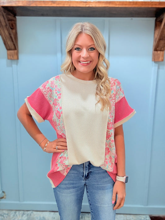 Short Sleeve Solid and Floral Ribbed Top