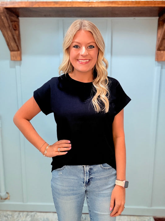 Black Cotton Rolled Sleeve Top